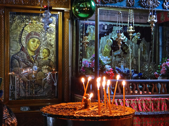 Russian Icon and Candles inside the Church of the Nativity Bethlehem
